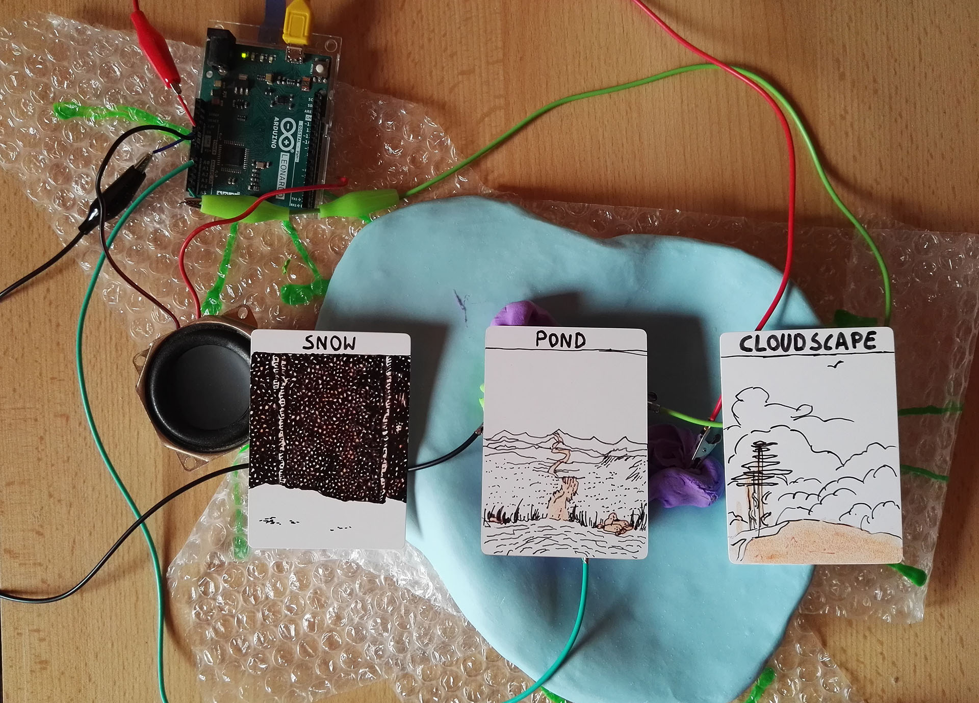 on a wooden surface there are a variety of materials. on the left side is an electronic bread board with red, green, yellow and black wires coming from it, connected to these wires are three drawn cards. on the left there is a card with the word "snow" written on it, in the middle there is "pond" and on the right side is "cloudscape". These three cards sit ontop of bubble wrap and a blue clay-like blob.