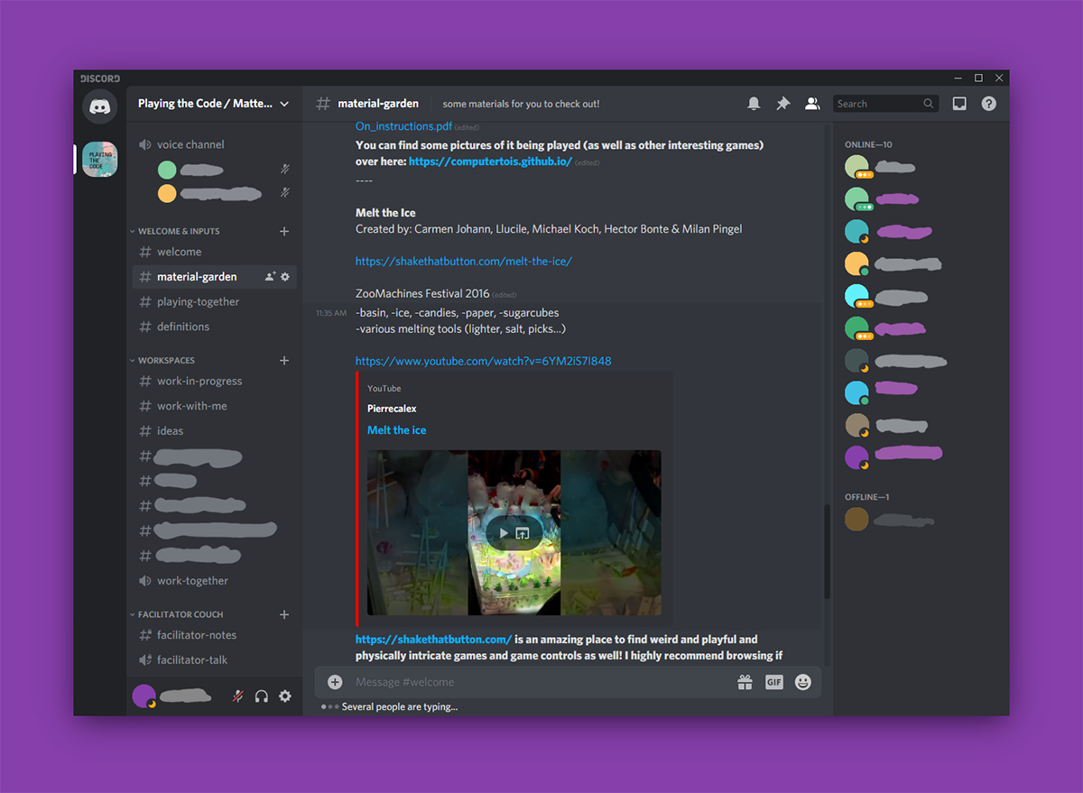 Screenshot of the Discord chat window. There are about a dozen participants chatting or talking in various channels.